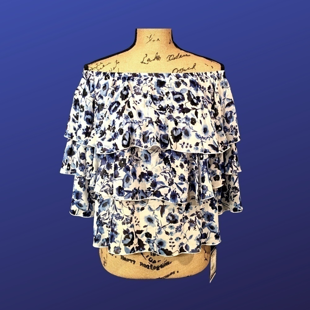 RACHEL ROY Off Shoulder 3-Tier Peasant Top, BLUE/WHITE, Women's Size Small, NWT